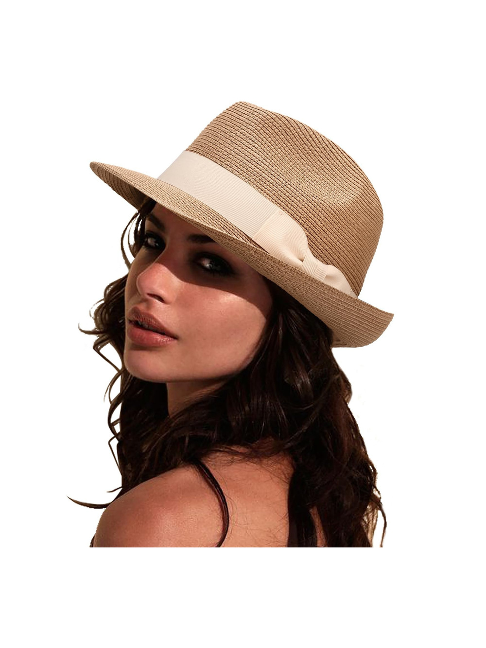 Women Straw Sun Hat Short Brim Panama Travel Fedora Summer Hat | Tan | Size OS